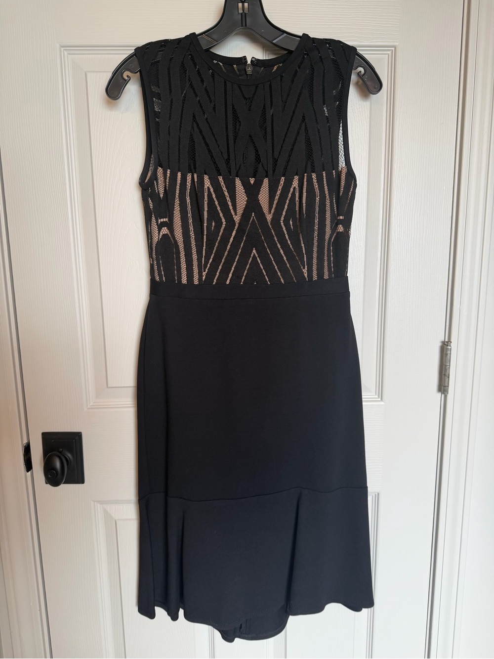 BCBGMaxAzria Black Dress with Nude Lining - Geometric Lace Bodice